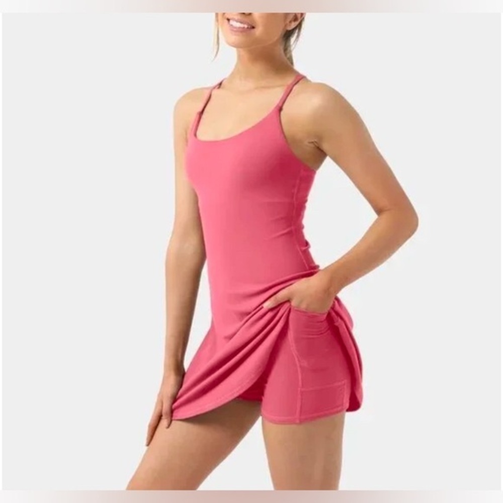 Halara Pink Everyday Cloudful Fabric Backless 2-in-1 Flare Workout Dress S NWOT